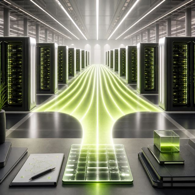 A next-generation AI compute hall shows accelerator modules scaling into a larger Vera Rubin-style server corridor