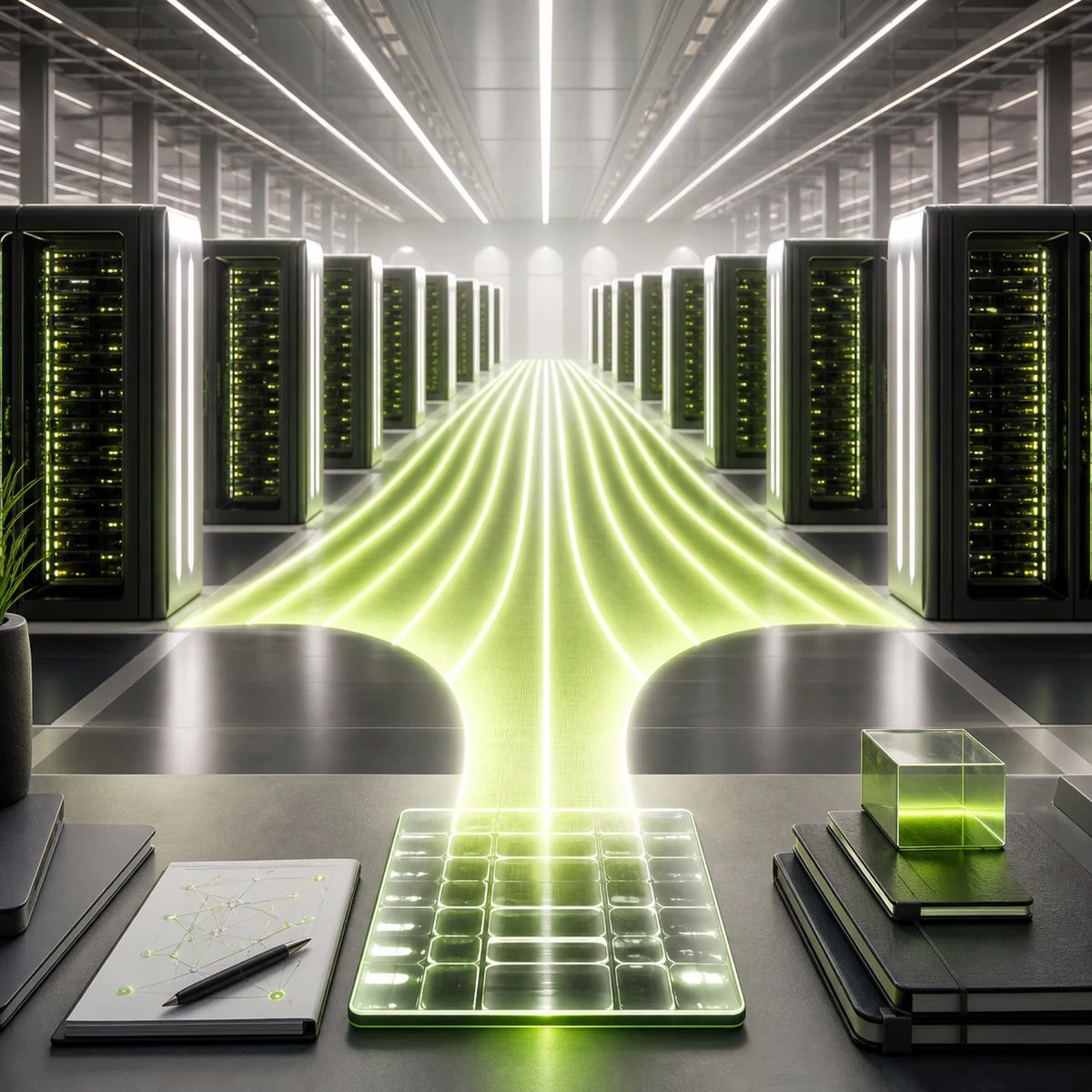 A next-generation AI compute hall shows accelerator modules scaling into a larger Vera Rubin-style server corridor