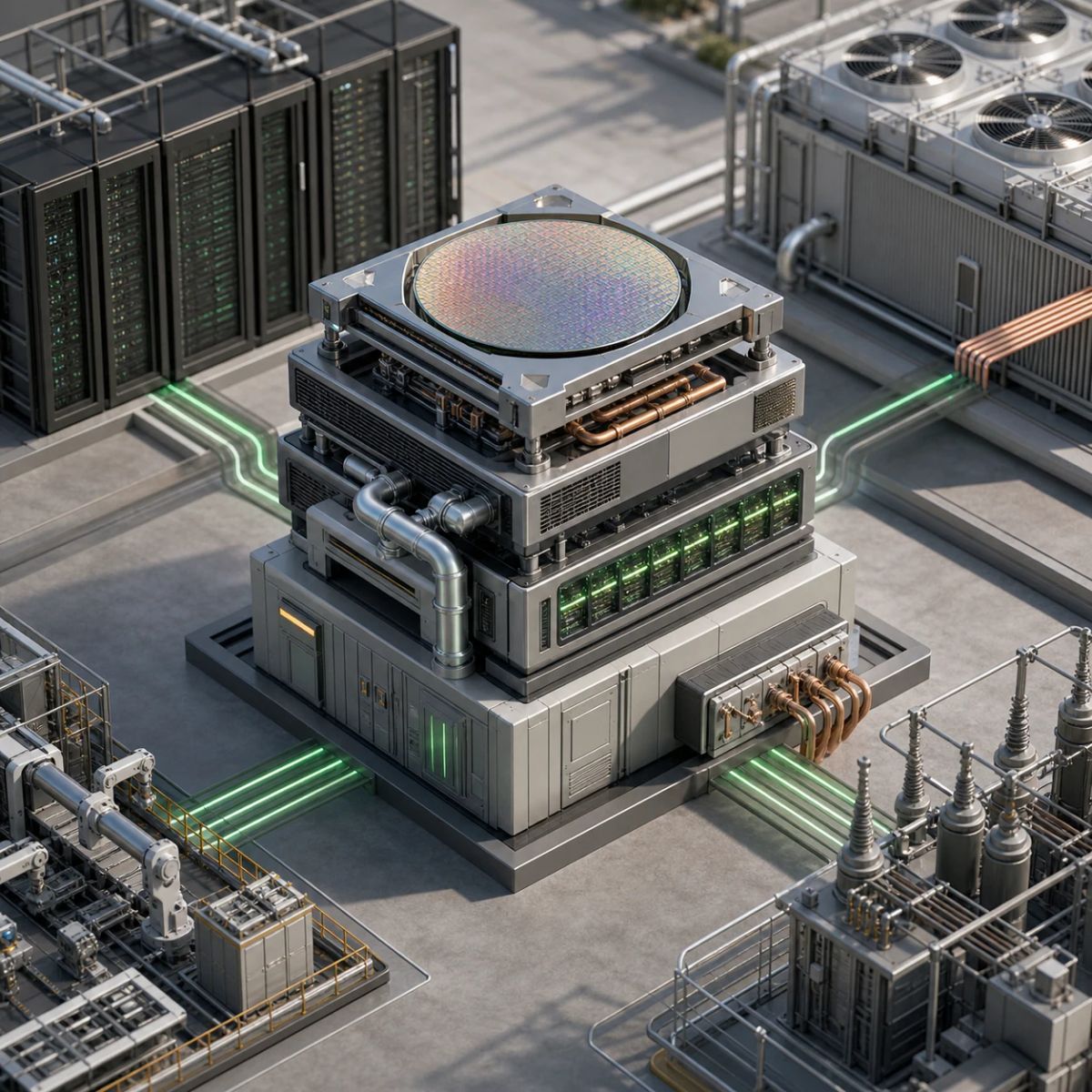 A compact AI factory module combines a chip wafer, server racks, cooling pipes, and power equipment