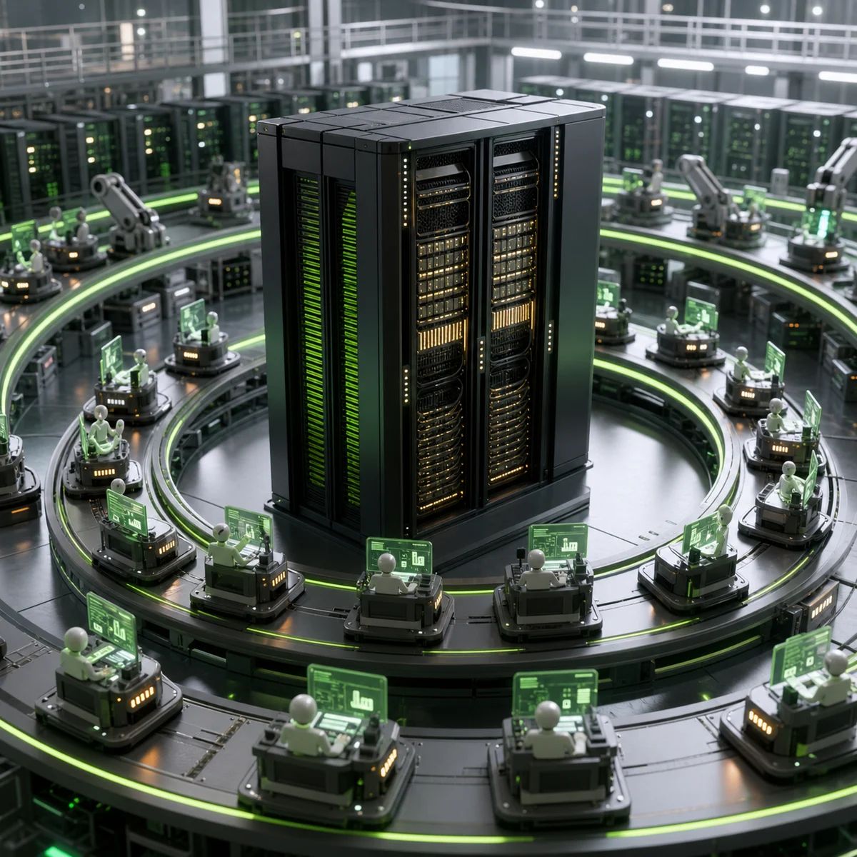 A compact accelerator rack sits inside circular post-training loops on an AI factory floor