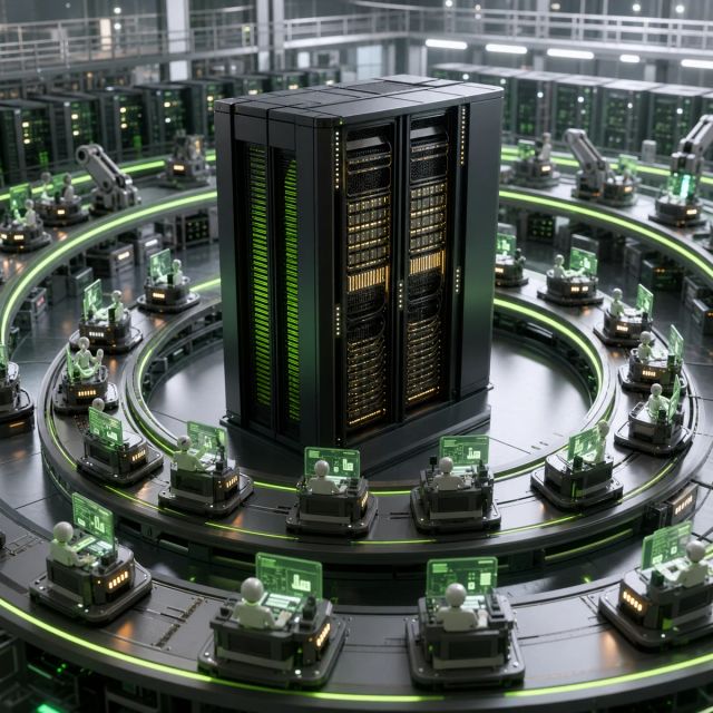 A compact accelerator rack sits inside circular post-training loops on an AI factory floor