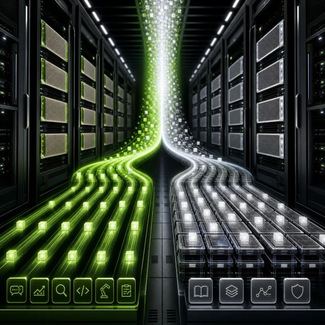 A server aisle with token streams splitting between fast decode lanes and long-context memory lanes