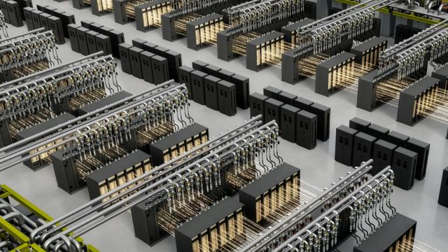 Rendering of rows of AI server racks with overhead cooling pipes and power equipment
