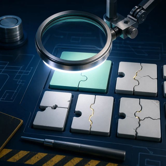 A security workbench inspects cracked and complete code patch tiles under a magnifying lens