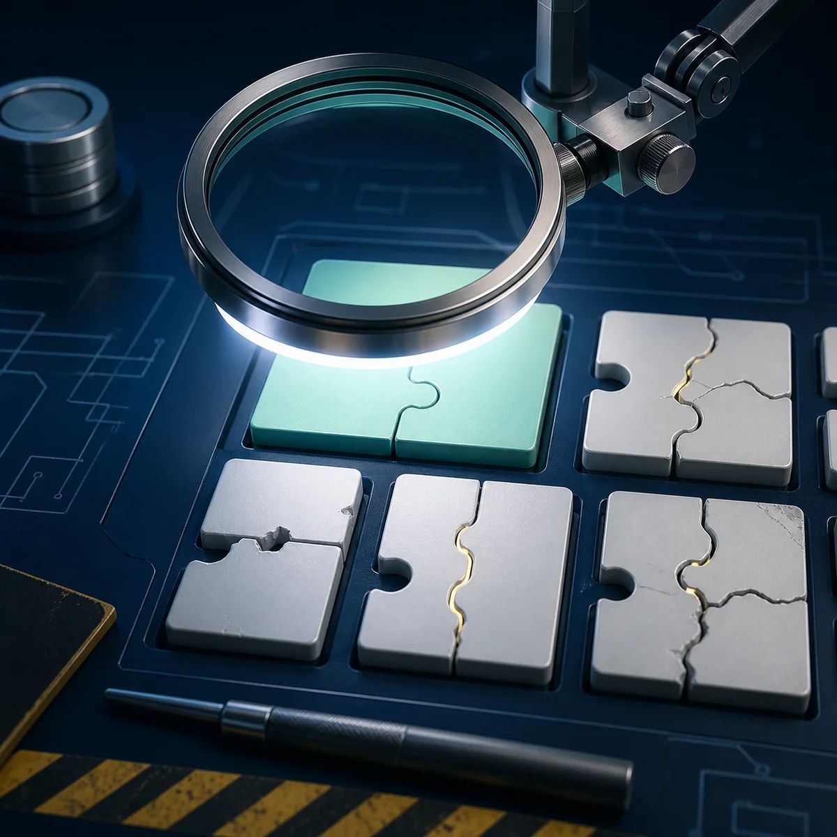 A security workbench inspects cracked and complete code patch tiles under a magnifying lens
