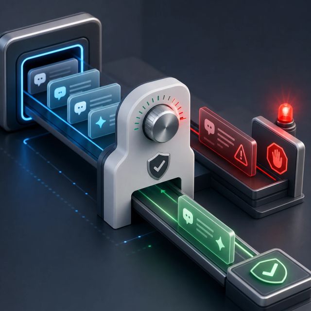 Generated output cards pass through a calibrated verifier gate while one unsafe stream triggers a red alarm path