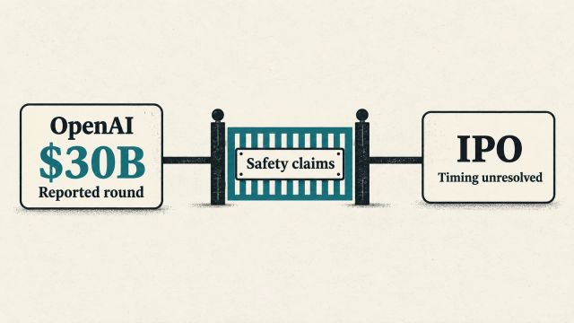 Illustration of OpenAI's reported $30B round and an IPO separated by a closed gate labeled Safety claims