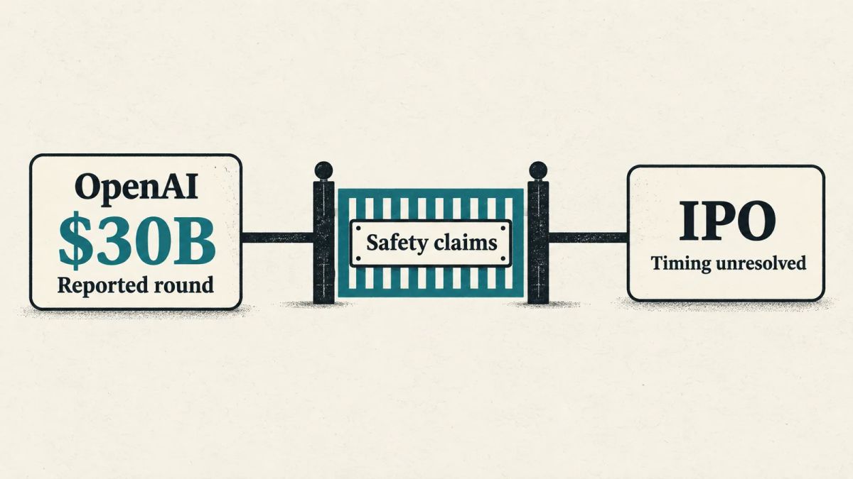 Illustration of OpenAI's reported $30B round and an IPO separated by a closed gate labeled Safety claims