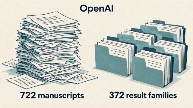 Illustration of paper stacks labeled 722 manuscripts beside grouped folders labeled 372 result families under the name OpenAI