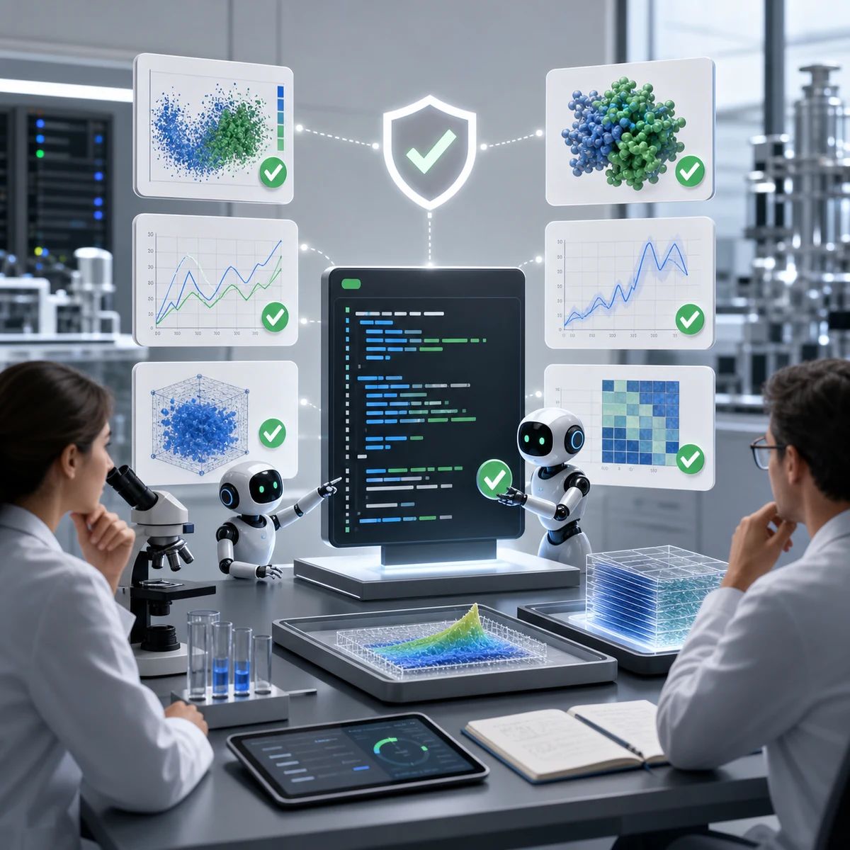 A scientific computing lab compares agent-written code against datasets, tests, and validation reports