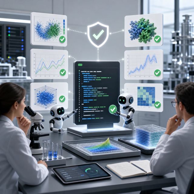 A scientific computing lab compares agent-written code against datasets, tests, and validation reports