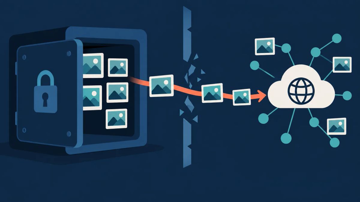 Illustration of image cards crossing a broken boundary from a secure archive to a public network