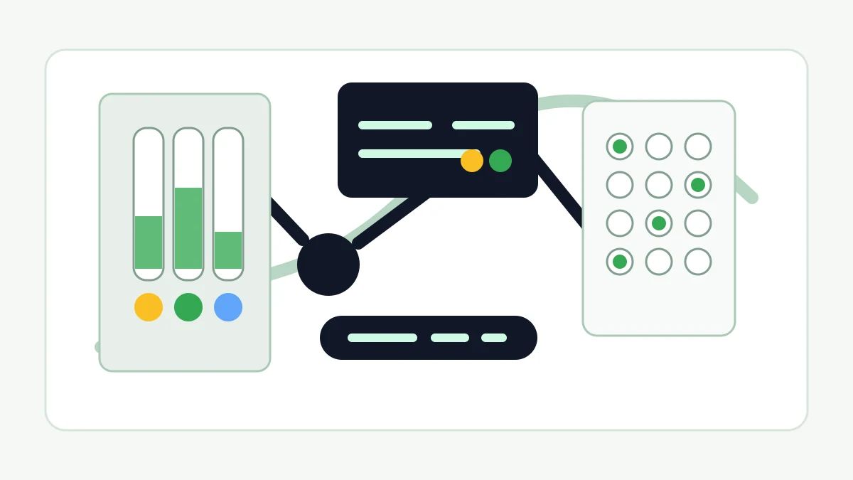 Lab vials, reaction plates, and an AI planning console connected by measured experiment paths