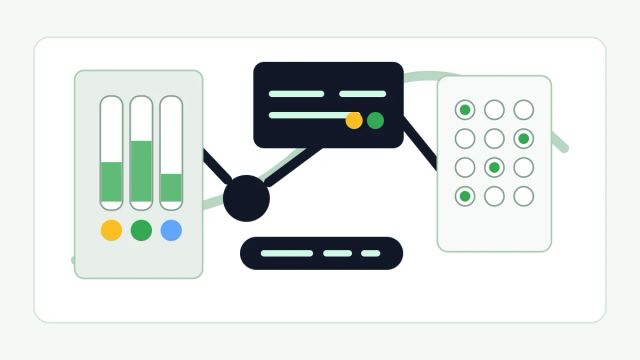 Lab vials, reaction plates, and an AI planning console connected by measured experiment paths