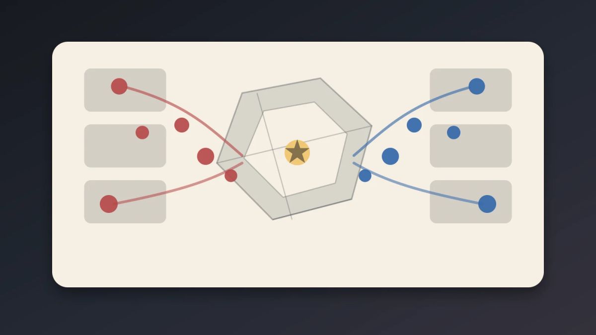 Two anonymous streams of campaign spending tokens converging on an abstract city district map