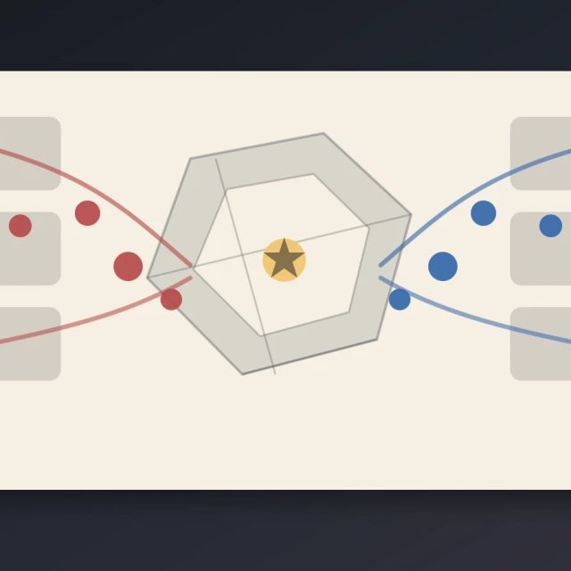 Two anonymous streams of campaign spending tokens converging on an abstract city district map