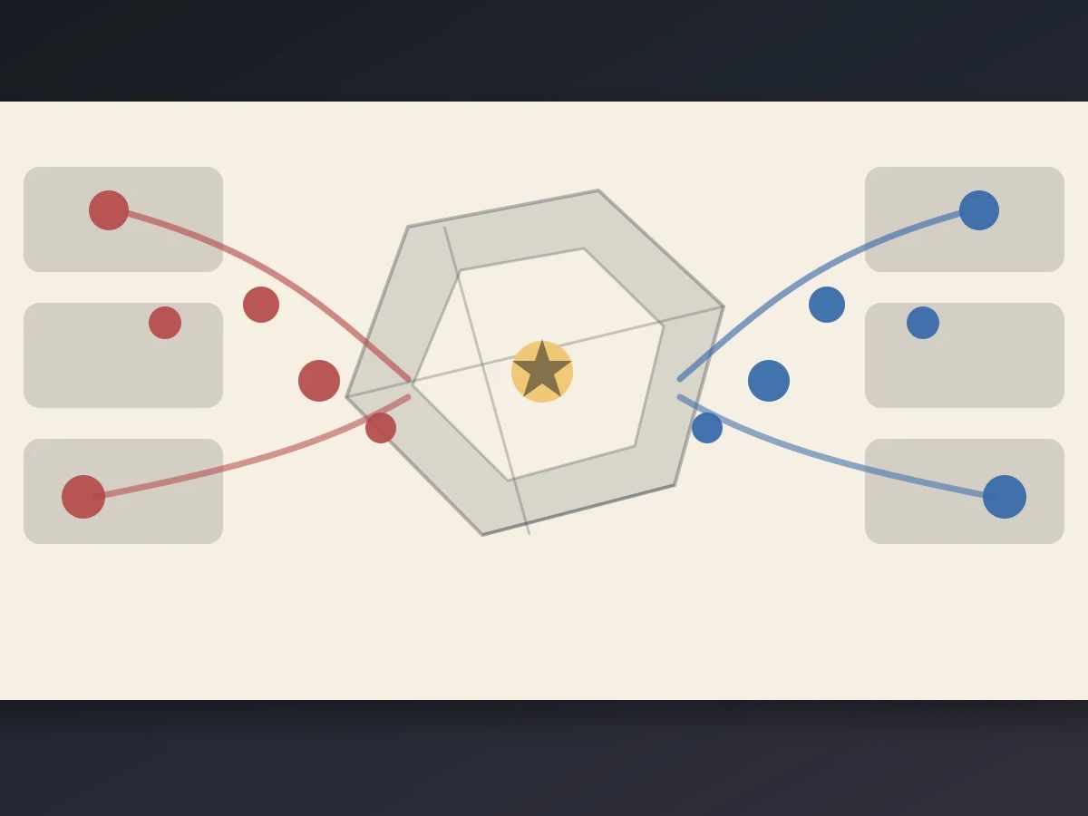 Two anonymous streams of campaign spending tokens converging on an abstract city district map