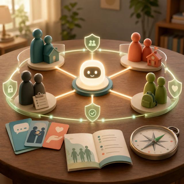 A support table connects families, clinicians, schools, and teens around an AI guidance beacon