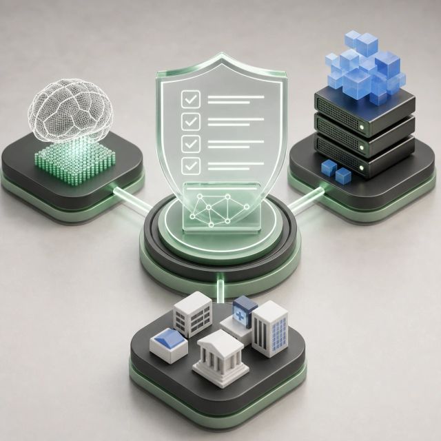Models, infrastructure, and applications feed evidence into a shared assessment layer