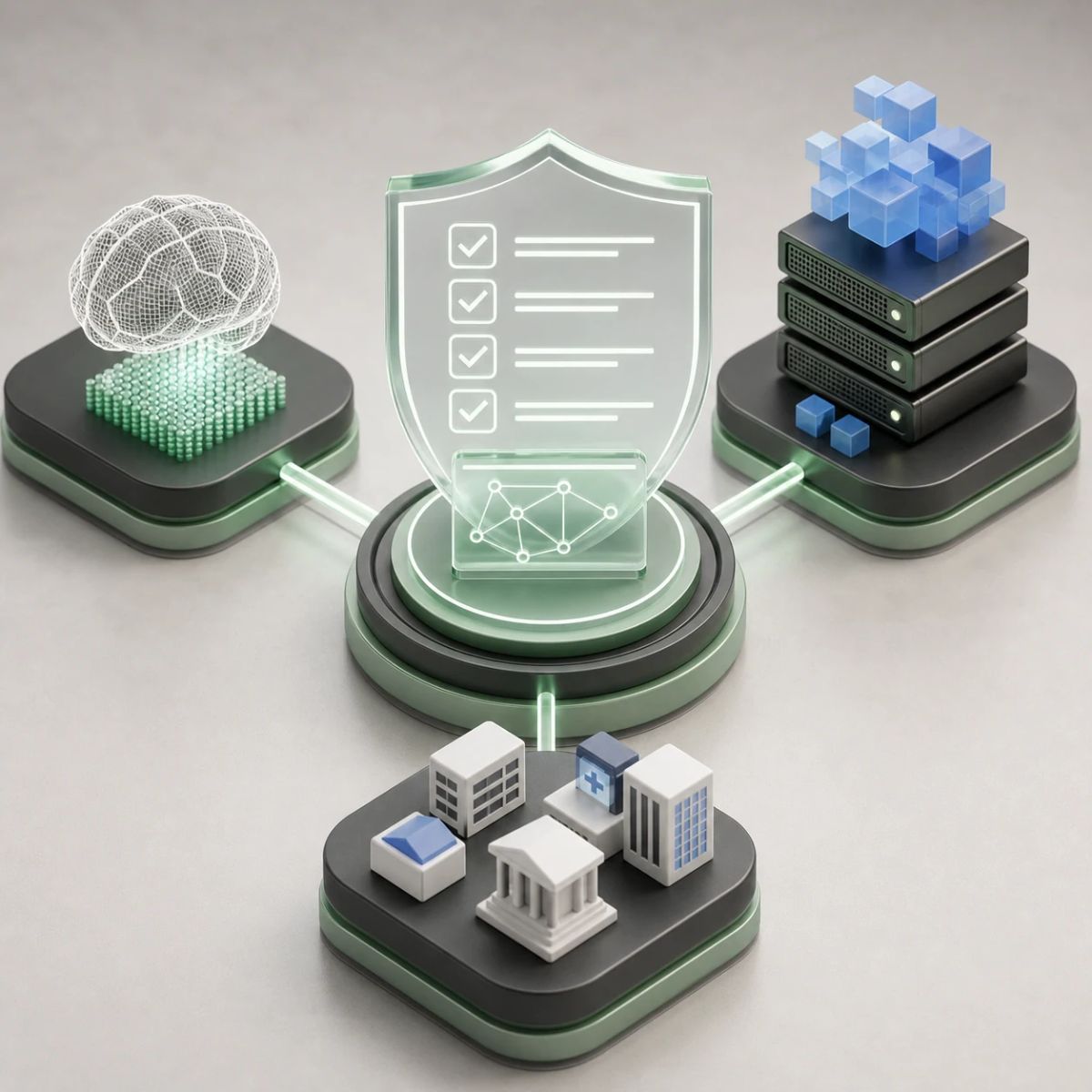 Models, infrastructure, and applications feed evidence into a shared assessment layer