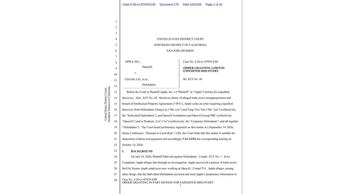 First page of the court's October 13 order granting limited expedited discovery in Apple's case against Chang Liu and other defendants