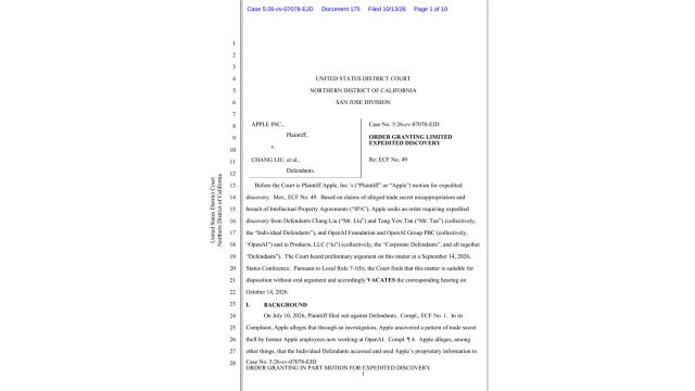 First page of the court's October 13 order granting limited expedited discovery in Apple's case against Chang Liu and other defendants