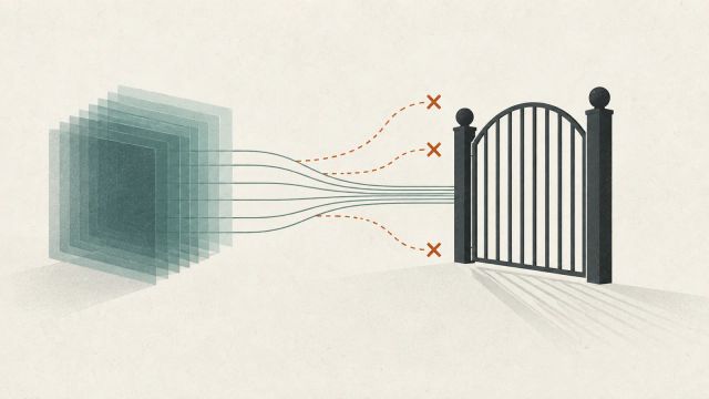 Illustration of model outputs stopping at a closed release gate, with stray paths marked in orange