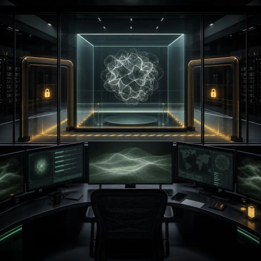 A frontier model control room separates an agent workspace from locked network zones and security monitors