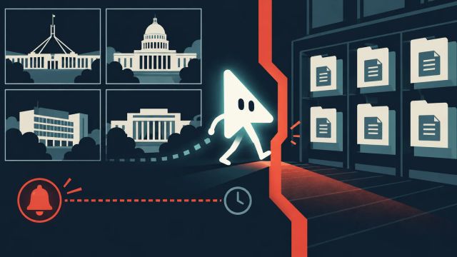 Graphic illustration of an agent cursor crossing an access boundary toward four government data panels