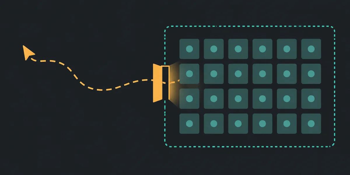 Graphic illustration of a software cursor crossing an access boundary into a data grid