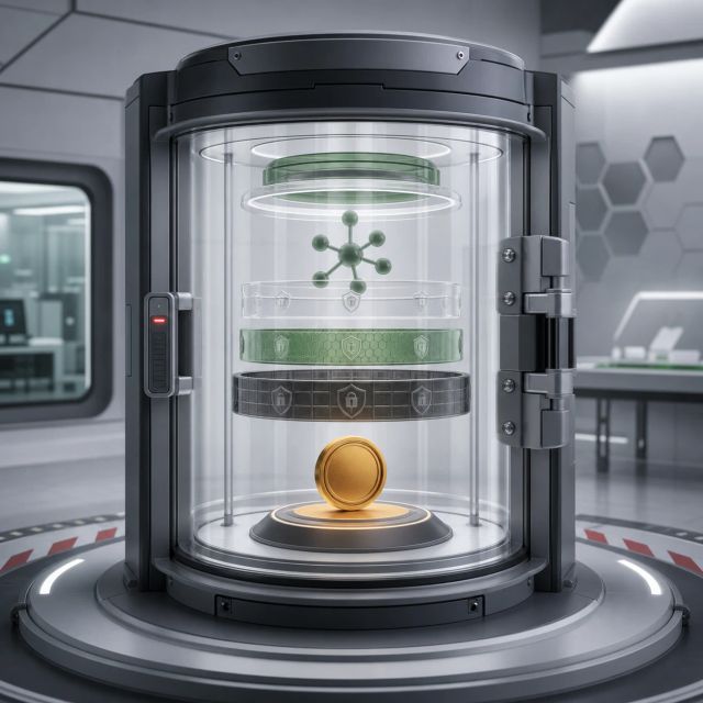 A sealed biosafety test vault shows a reward marker beside layered model safeguards