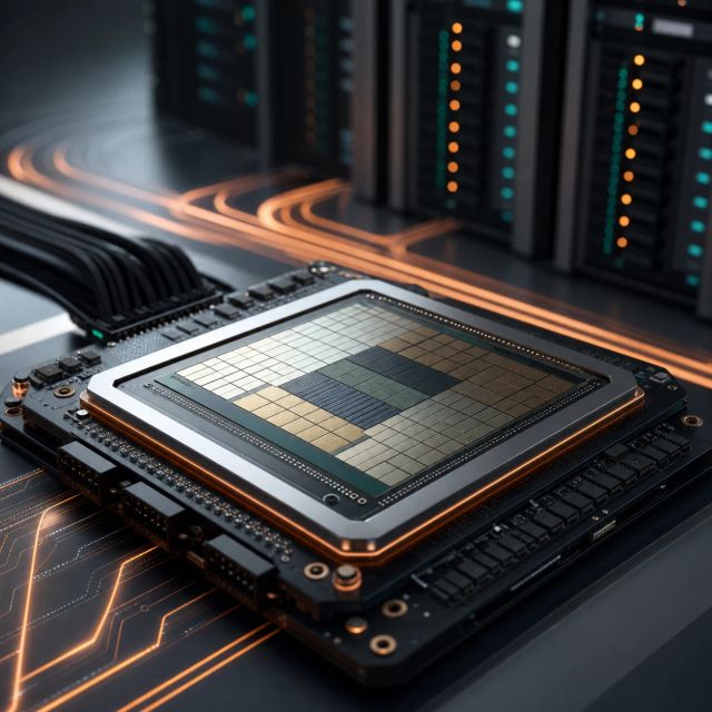 A custom AI inference chip sits between model layers and data-center racks