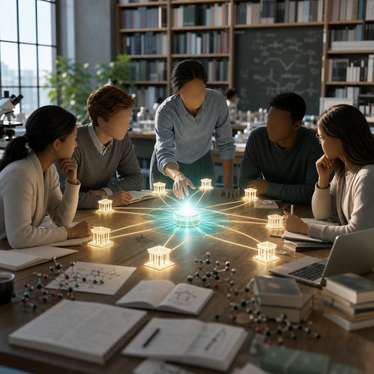 Researchers gather around a shared AI-assisted laboratory workspace for academic discovery