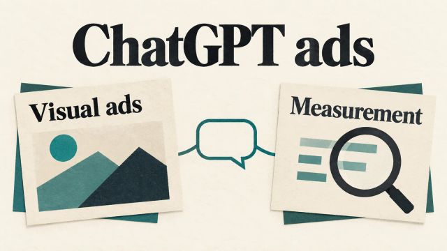 Illustration of cards labeled Visual ads and Measurement beneath the heading ChatGPT ads