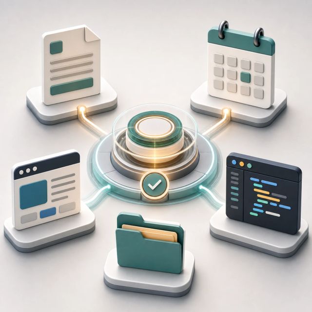 A central work agent connects documents, app windows, a calendar, and a code workspace on one desktop