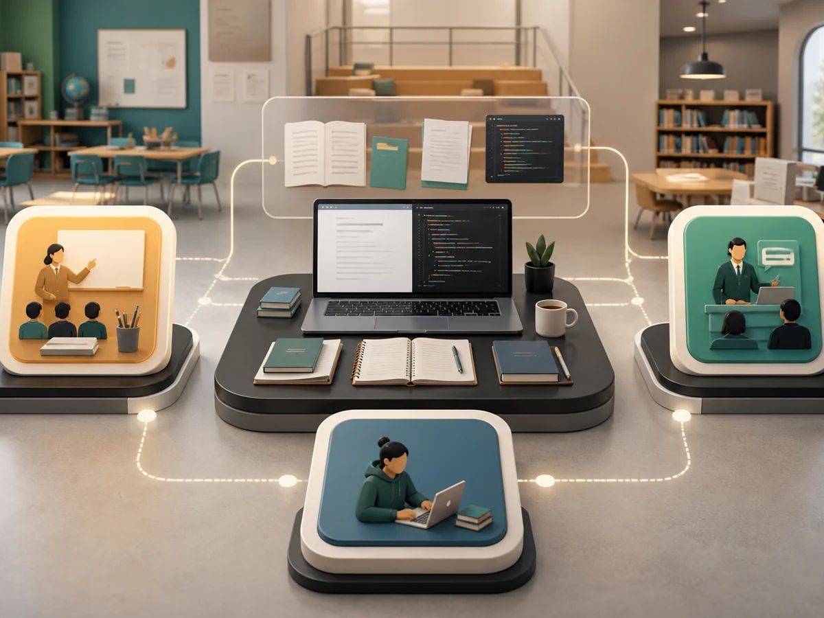 Three learning workflow tiles connect classroom materials, course documents, and a code workspace