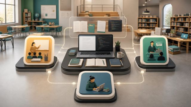 Three learning workflow tiles connect classroom materials, course documents, and a code workspace