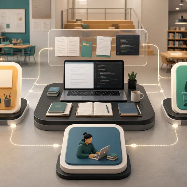 Three learning workflow tiles connect classroom materials, course documents, and a code workspace