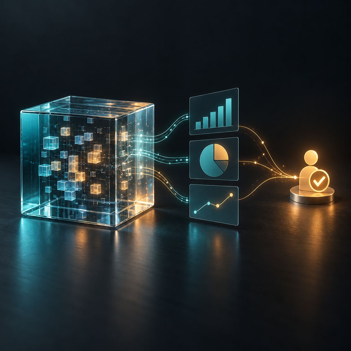 A translucent data cube projects abstract charts toward a small human approval marker