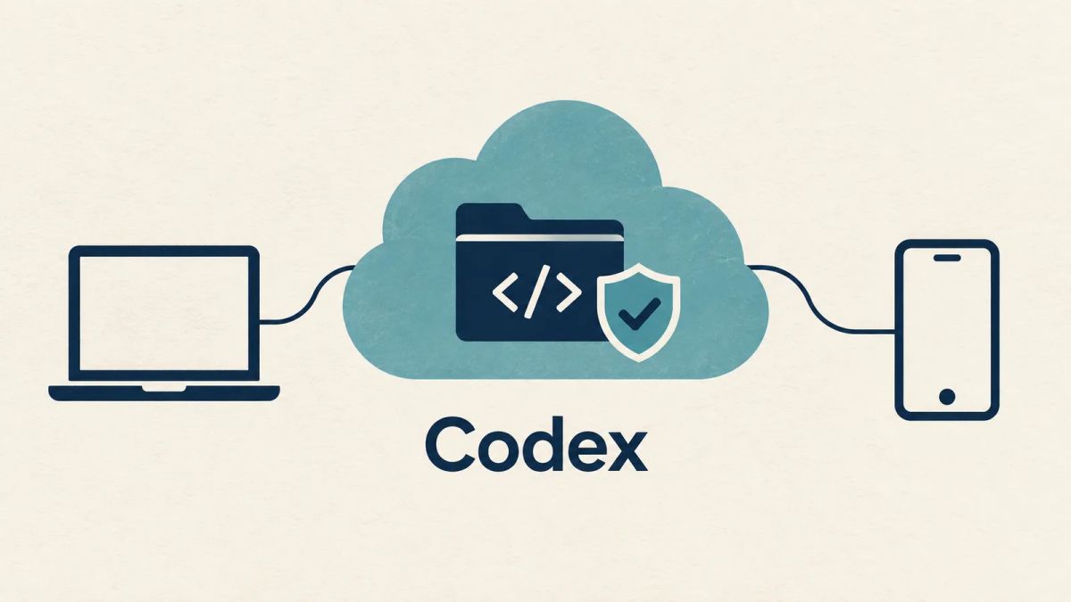 Illustration of a cloud containing a code folder connected to a laptop and phone, with a shield beside the folder
