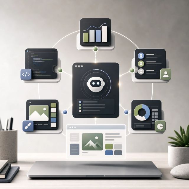 Generated editorial image of an AI assistant connected to role-specific workflow panels