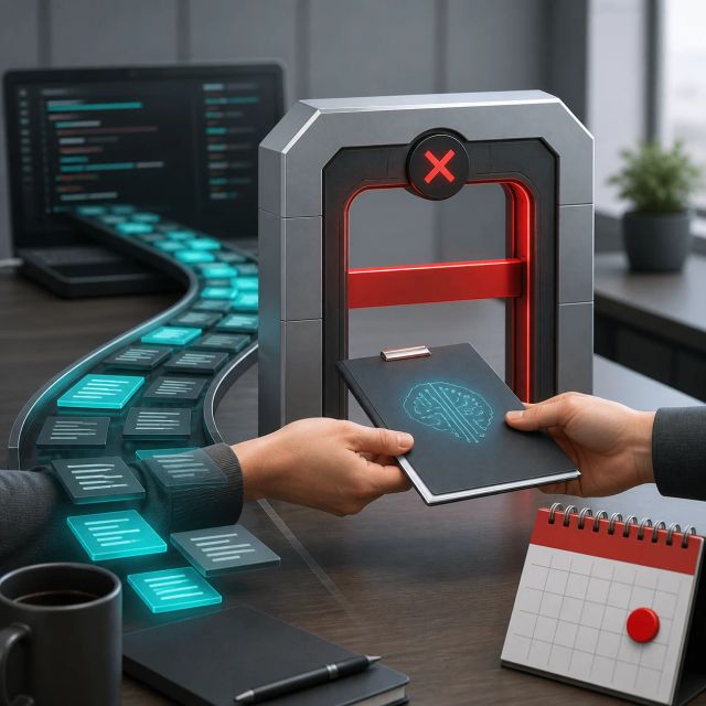 A model access gate blocks a stream of coding-workflow tiles beside a cutoff calendar