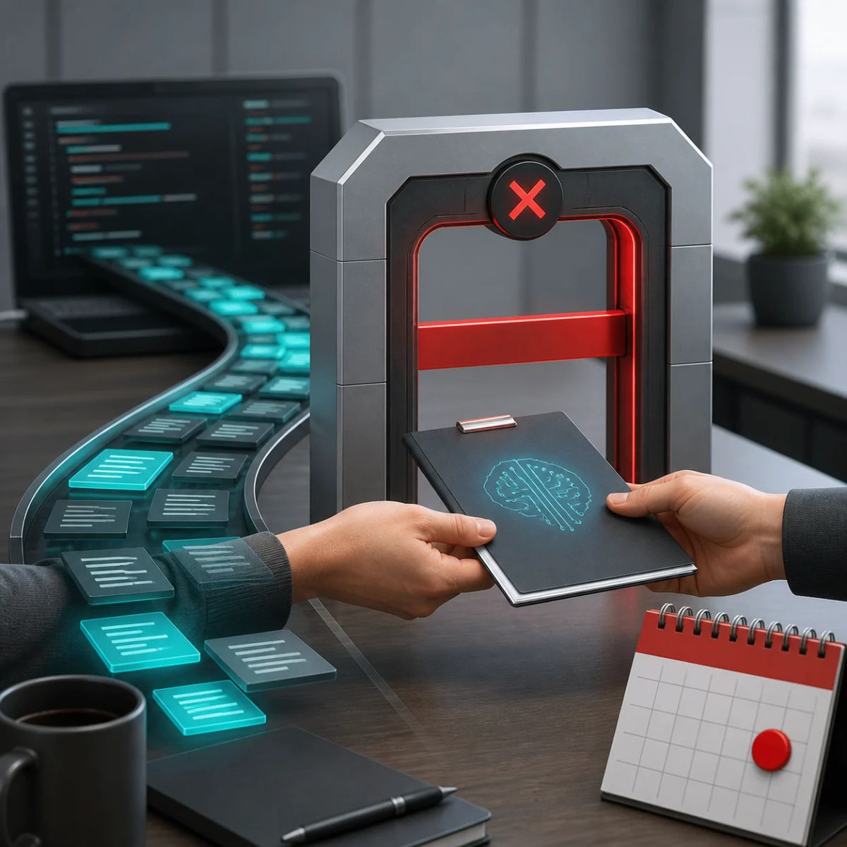 A model access gate blocks a stream of coding-workflow tiles beside a cutoff calendar