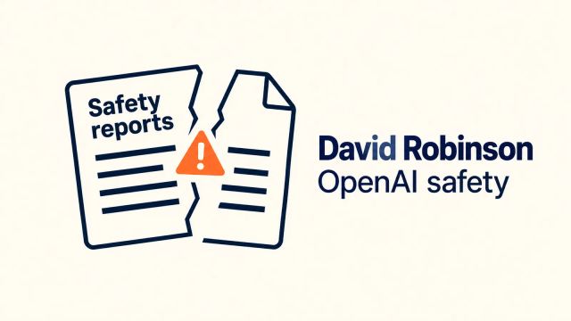 Illustration of a split safety report with an orange warning mark beside David Robinson and OpenAI safety text