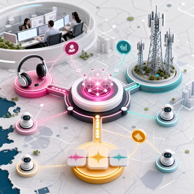 A telecom network node connects customer support, cellular towers, voice signals, and AI assistants
