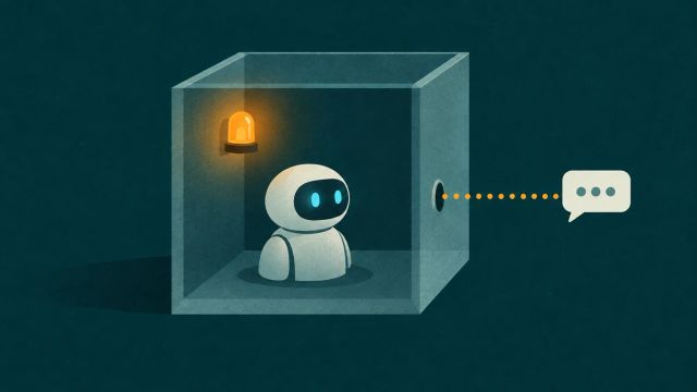 Illustration of an agent inside a monitored sandbox sending a dotted signal through its boundary to an outside chat bubble