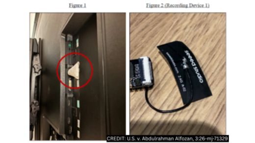 Two evidence photos show a device concealed behind a television and the recovered circuit board with a Seeed Studio antenna