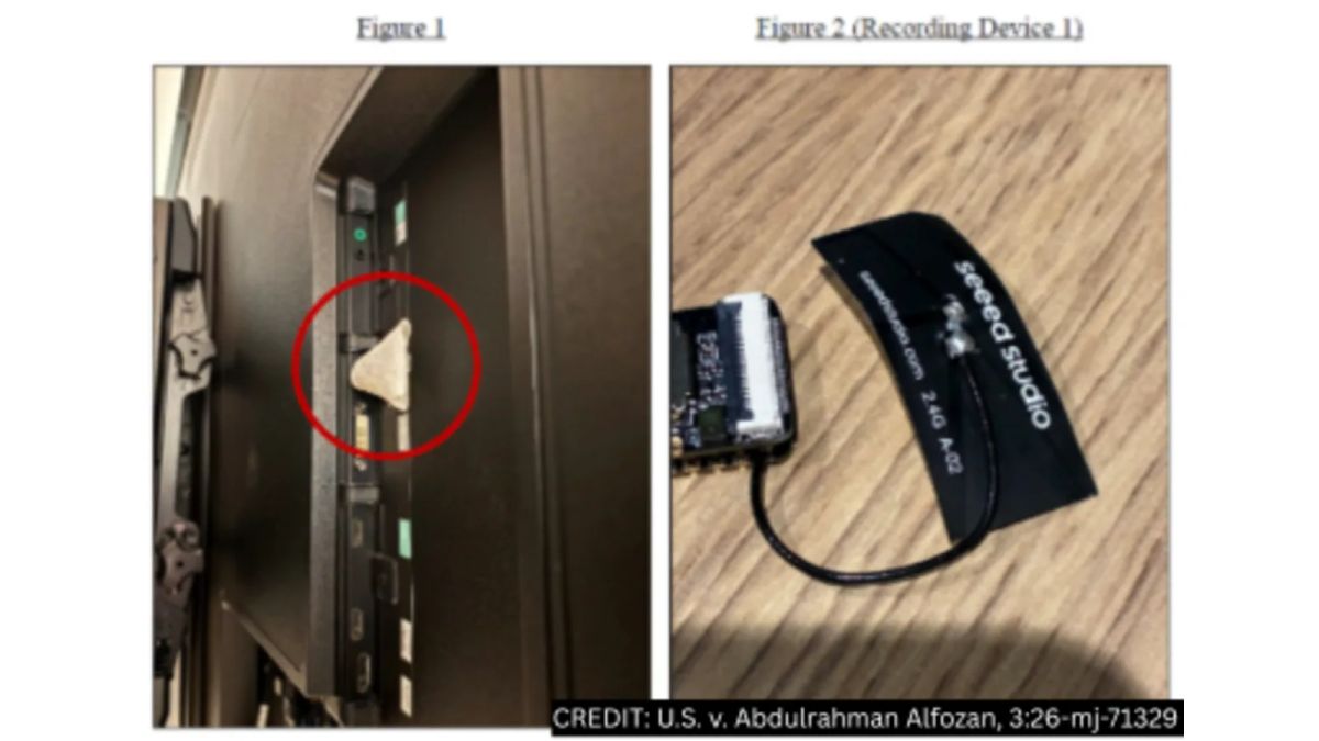 Two evidence photos show a device concealed behind a television and the recovered circuit board with a Seeed Studio antenna