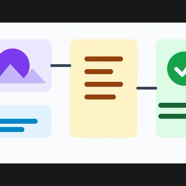 Editorial illustration of AI-generated media labels, provenance marks, and verification checks