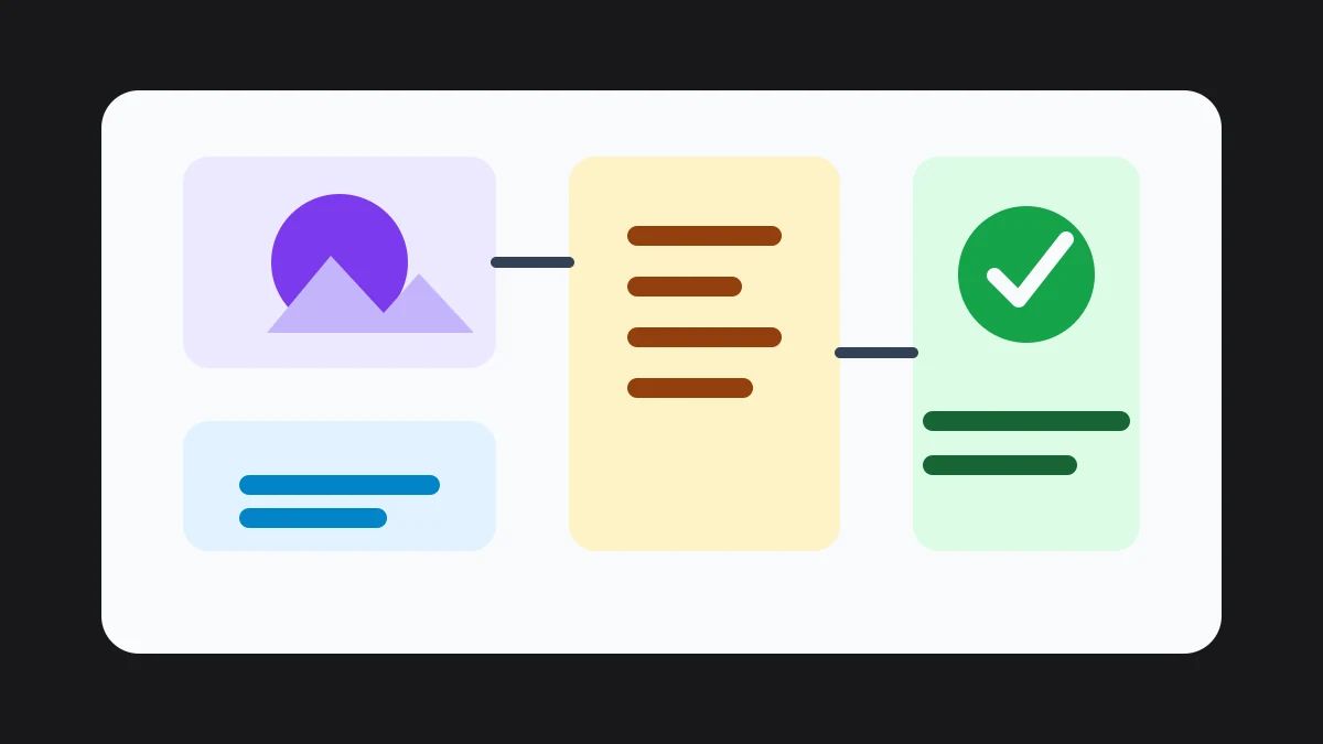 Editorial illustration of AI-generated media labels, provenance marks, and verification checks